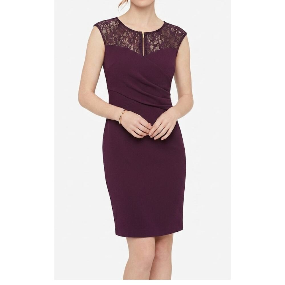 Calvin Klein Sheath Midi Dress Illusion Lace Formal Wedding Deep Purple Medium